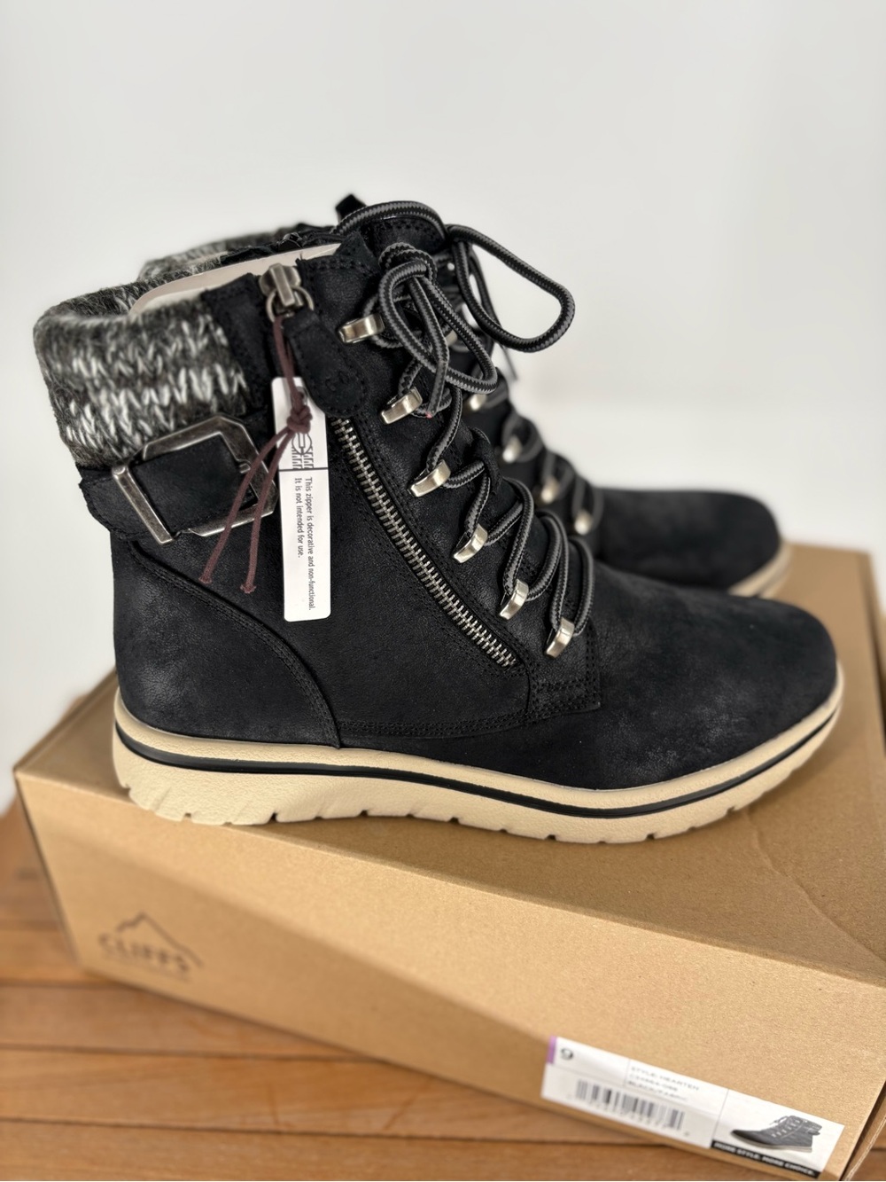 New Cliffs Women's Black Lace-Up Ankle Boot with Knit Collar size 9